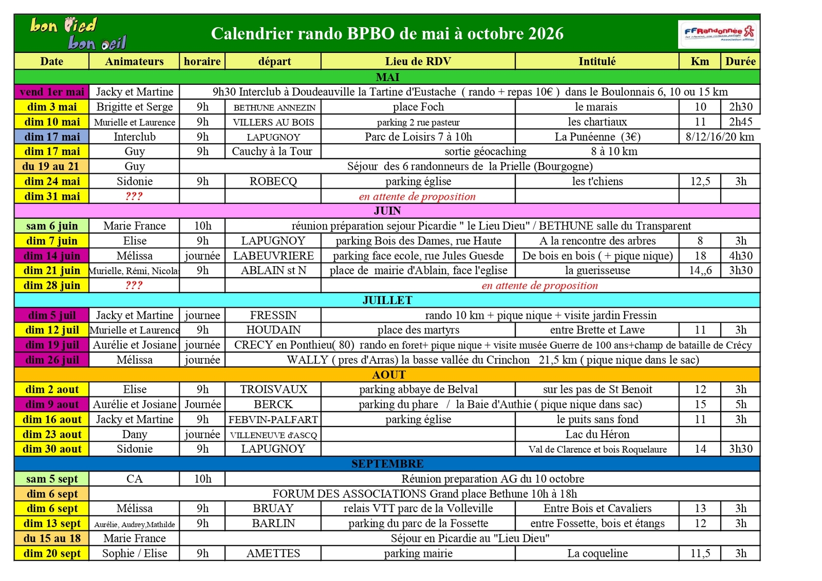 Nouveau calendrier rando mai à octobre 2026
