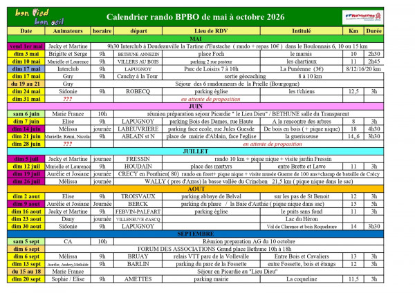 Nouveau calendrier rando mai à octobre 2026